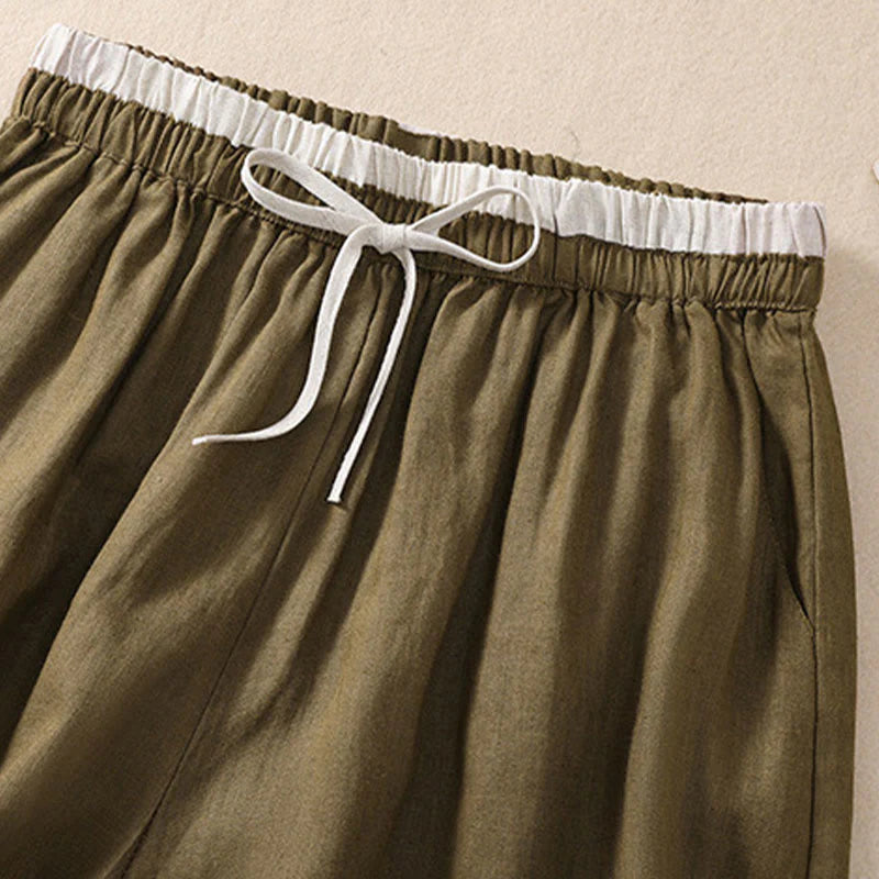 Buddha Stones Solid Color Contrast Color Waist Lace-up Cotton Linen Women's Shorts With Pockets