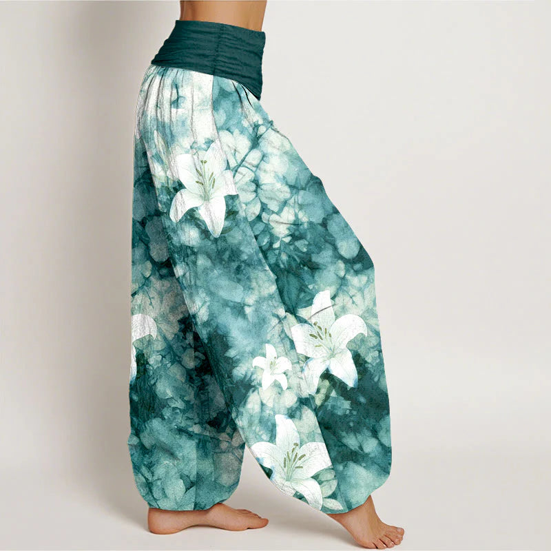 Buddha Stones Pure Cotton Watercolor Style Lily Pattern Women's Elastic Waist Harem Pants