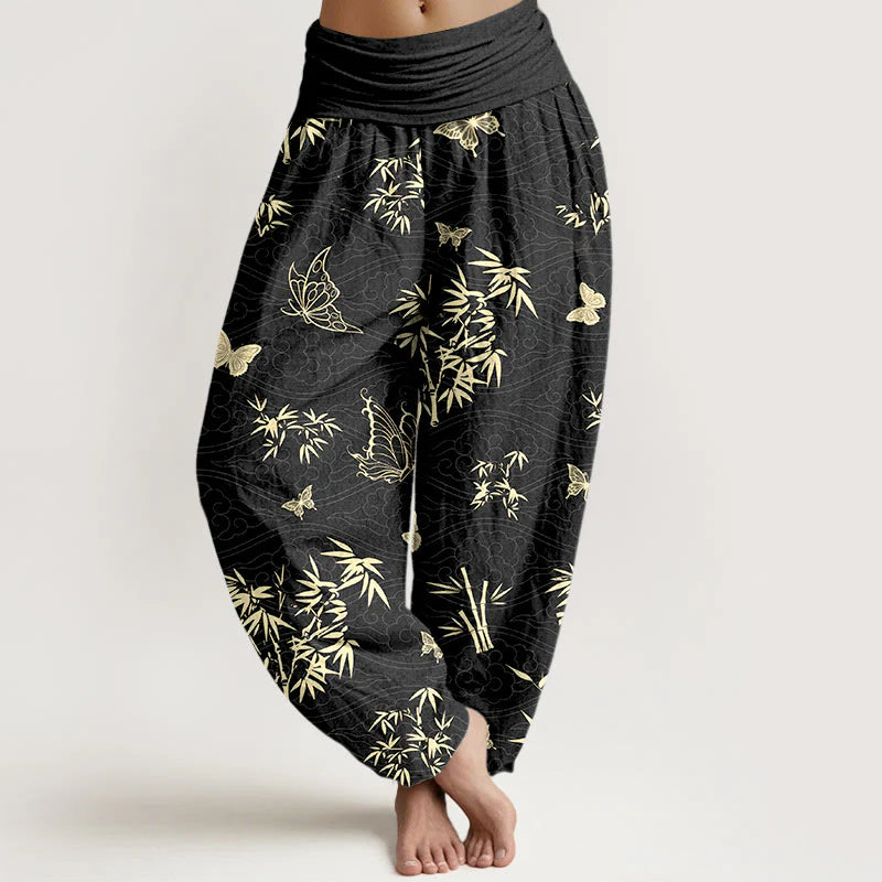 Buddha Stones Cotton Elegant Butterfly Bamboo Pattern Women's Elastic Waist Harem Pants