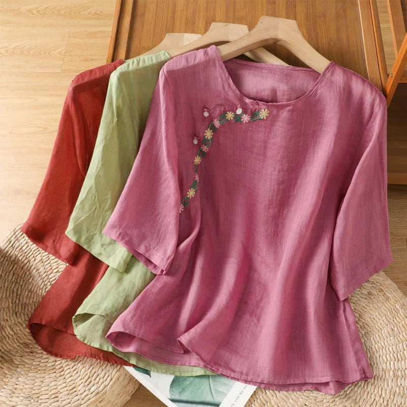 Buddha Stones Casual Embroidery Flowers Cotton Polyester Half Sleeve Women's Crew Neck Shirt