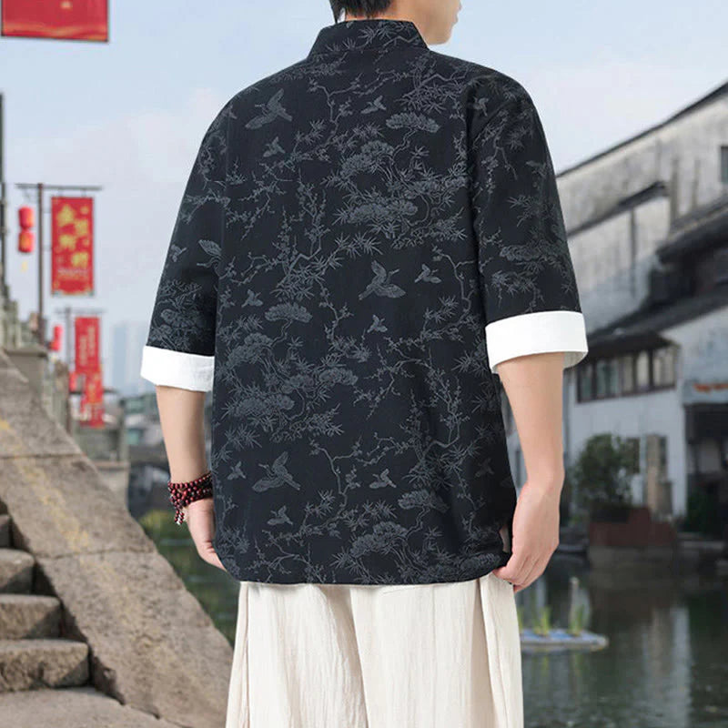 Buddha Stones Summer Crane Pine Tree Pattern Tang Suit Men's Frog-Button Half Sleeve Cotton Shirt With Pockets