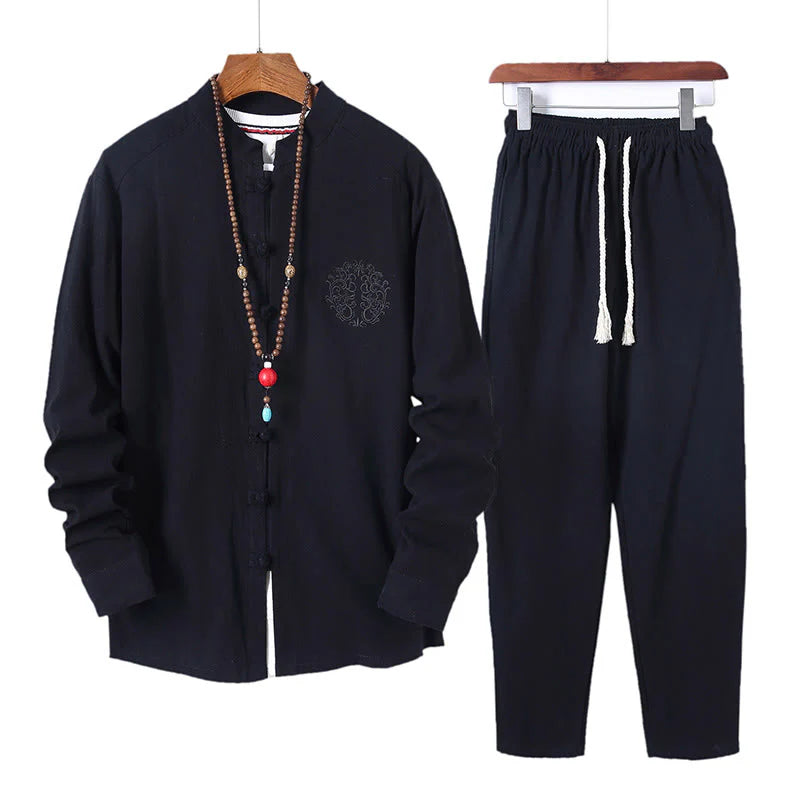 Buddha Stones 2Pcs Solid Color Men's Frog-Button Long Sleeve Cotton Shirt Pants Set With Pockets