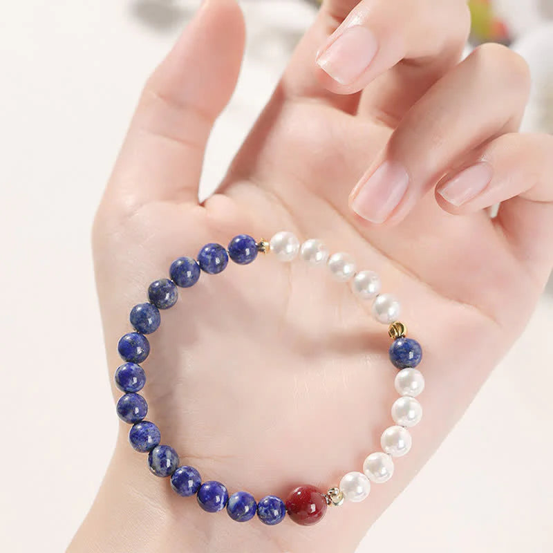 Buddha Stones Lapis Lazuli Lazurite Pearl Cinnabar Positive Beaded Bracelet