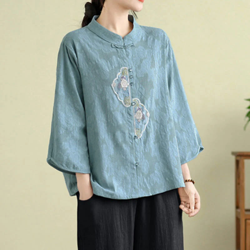 Buddha Stones Flower Embroidery Jacquard Three Quarter Sleeve Frog-Button Cotton Women's Shirt