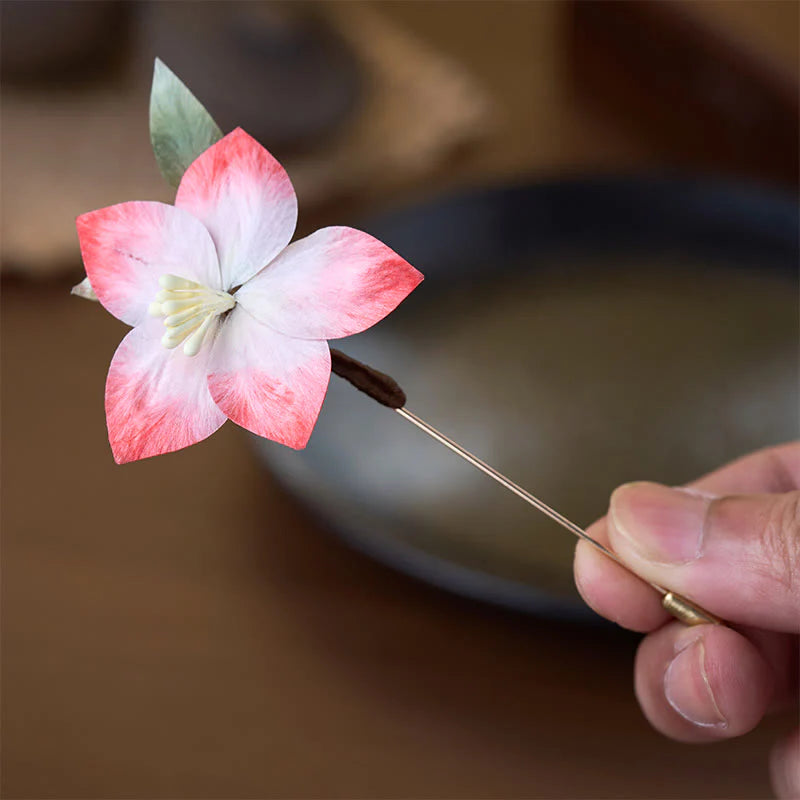 Buddha Stones Handcrafted Silk Art Velvet Flower Red Five-Petal Flower Brooch