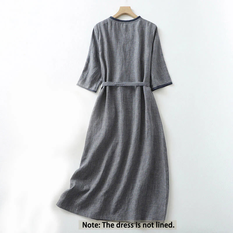 Buddha Stones Commute MidnightBlue Lace-Up Half Sleeve Design Cotton Linen Midi Dress With Pockets