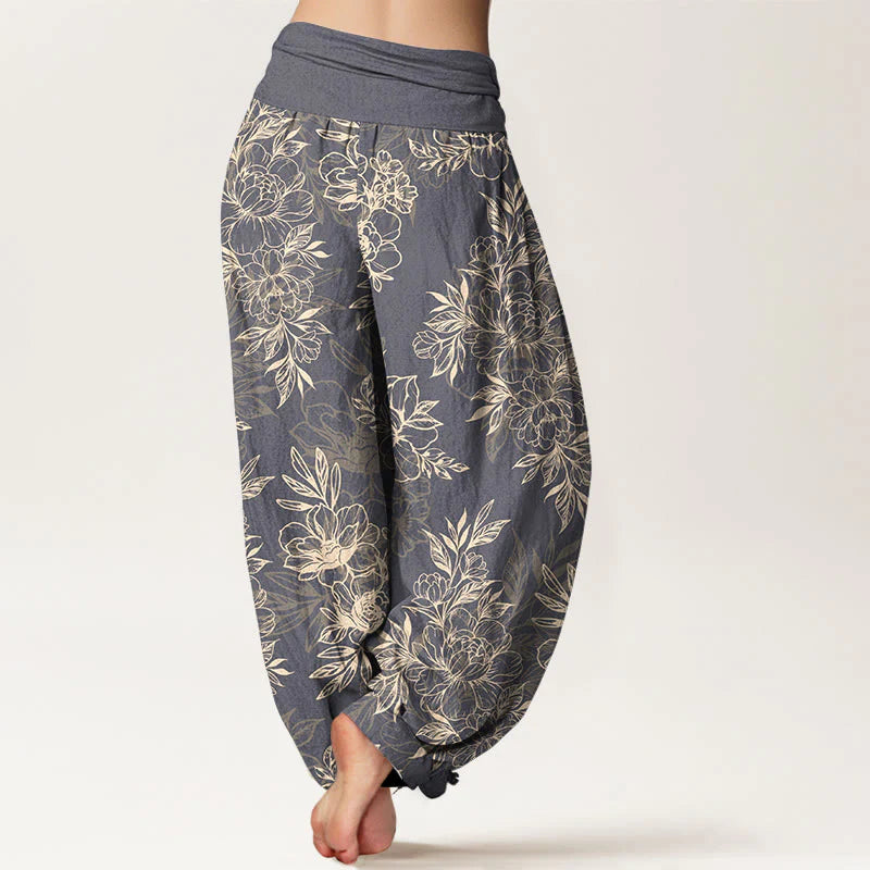 Buddha Stones Cotton Complicated Flowers Leaves Pattern Women's Elastic Waist Harem Pants