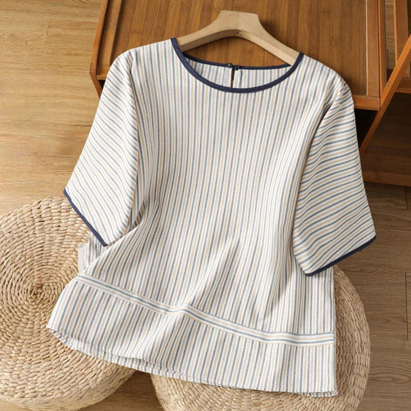Buddha Stones Pullover Stripes Crew Neck Design Women's Cotton Short Sleeves Shirt