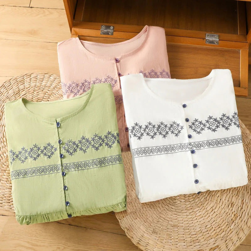 Buddha Stones Embroidery Pleated Buttons Long Lantern Sleeve Women's Cotton Shirt