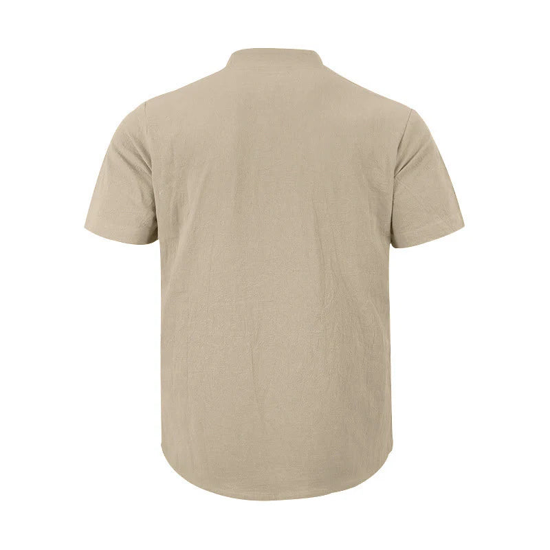 Buddha Stones Solid Summer Short Sleeve Half Buttons Linen Men's Shirt