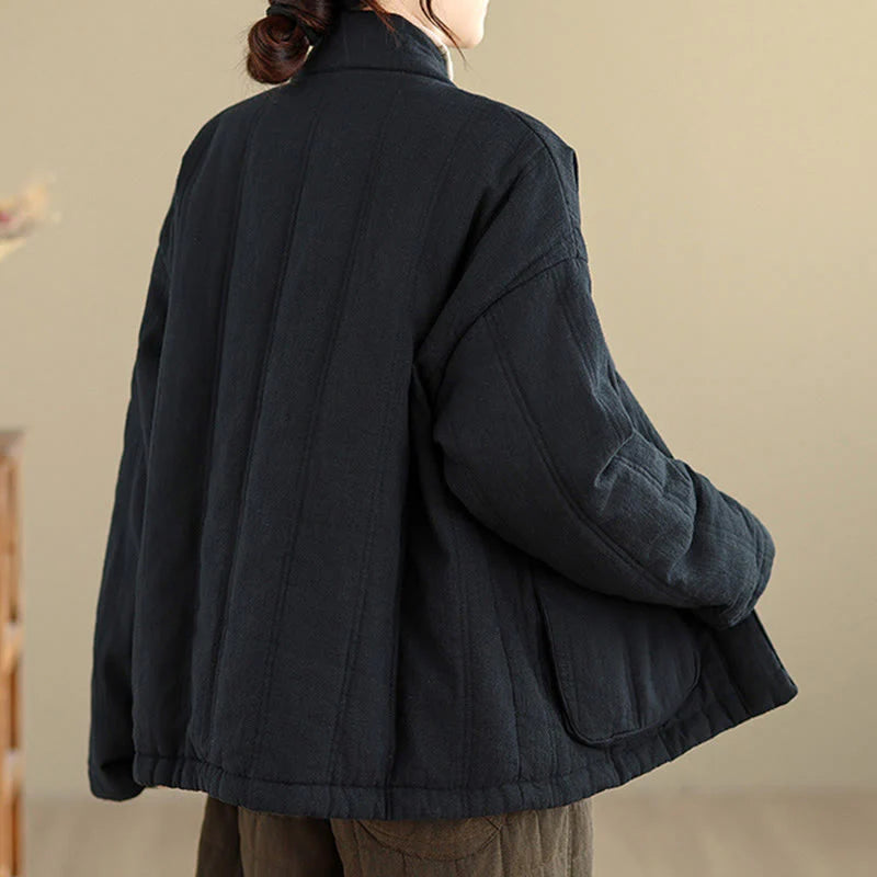 Buddha Stones Winter Solid Long Sleeve Cotton Women's Thermal Jacket With Pockets