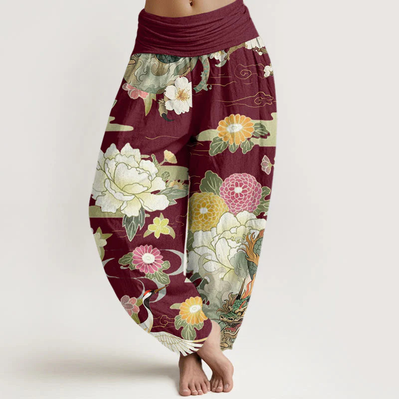 Buddha Stones Cotton Casual Dragon Red-crowned Crane Peony Flower Pattern Women's Elastic Waist Harem Pants