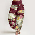 Buddha Stones Cotton Casual Dragon Red-crowned Crane Peony Flower Pattern Women's Elastic Waist Harem Pants