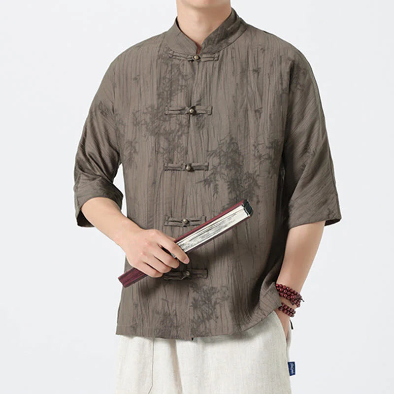 Buddha Stones Summer Pine Needles Pattern Short Sleeve Frog-Button Design Men's Shirt
