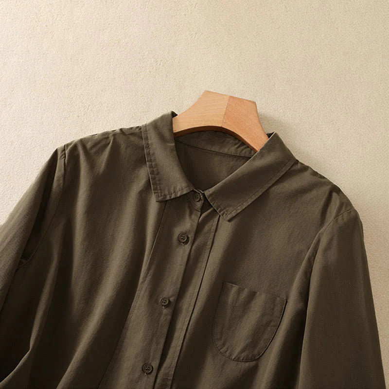 Buddha Stones Spring Lapel Long Sleeve Plain Women's Cotton Buttons Shirt With Pockets