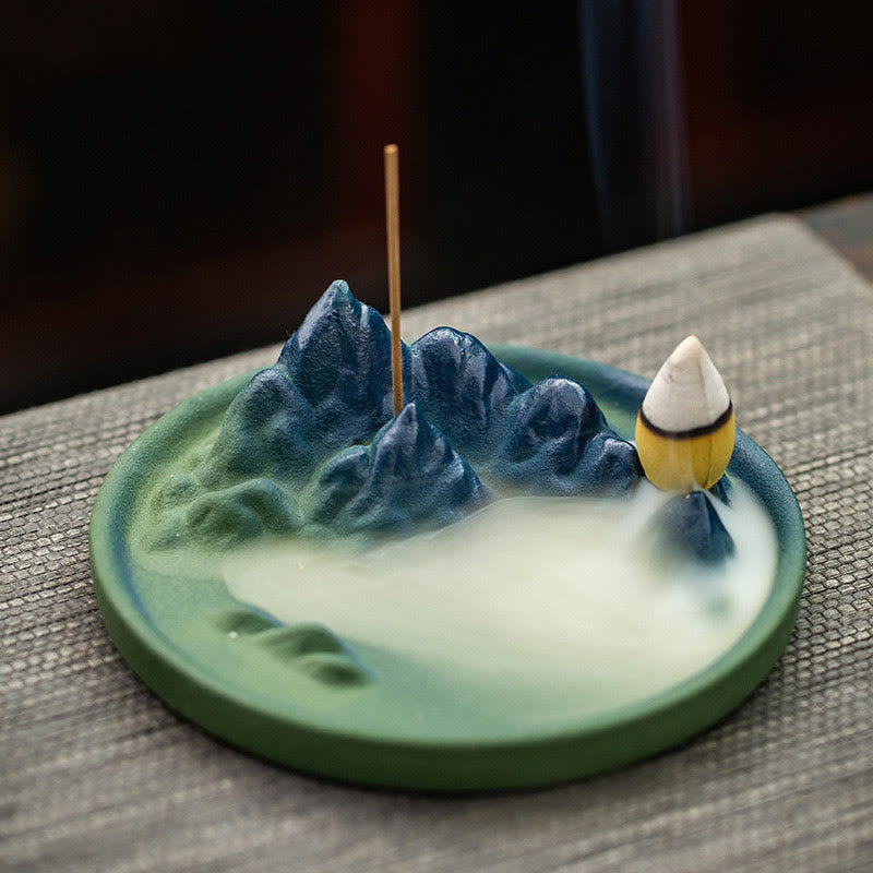 Buddha Stones Creative Mountain River Ceramic Healing Backflow Incense Burner