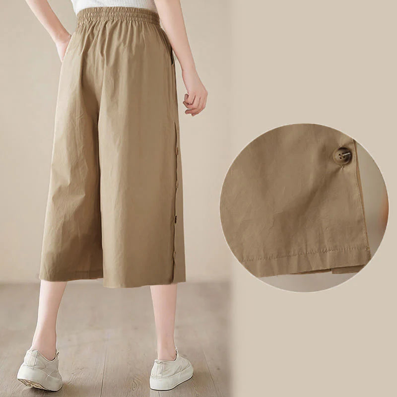 Buddha Stones Plain Buttoned Side Design Capri Cropped Women's Wide Leg Pants With Pockets