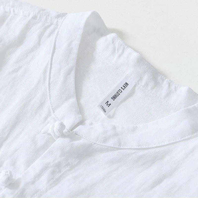 Buddha Stones Daily Frog-Button Stand Collar Short Sleeve Linen Men's Shirt