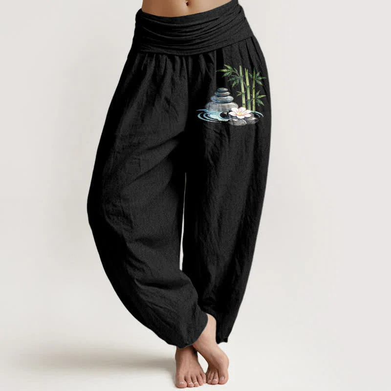 Buddha Stones Pure Cotton Bamboo Flower Stones High Waist Women's Harem Pants