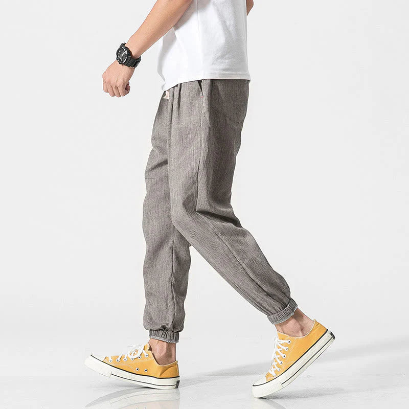 Buddha Stones Simple Drawstring Design Linen Men's Pants With Pockets