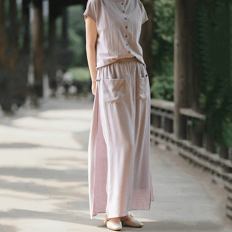 Buddha Stones 2Pcs Buttons Short Sleeve Shirt Top Skirt With Pockets Meditation Cotton Women's Set