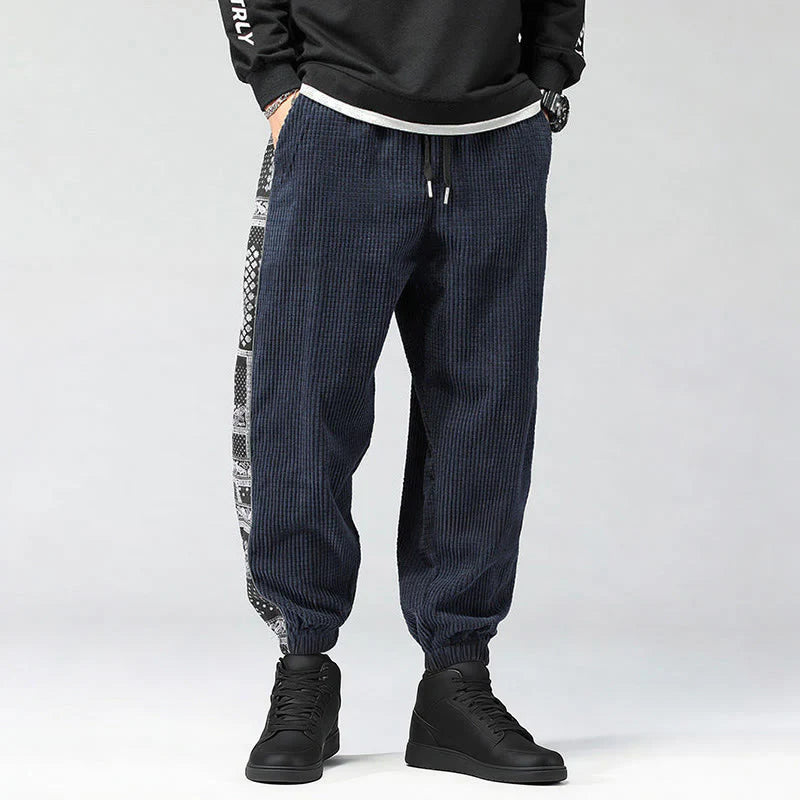 Buddha Stones Fall Solid Drawstring Side Paisley Pattern Straight Leg Ankle-length Corduroy Men's Pants With Pockets