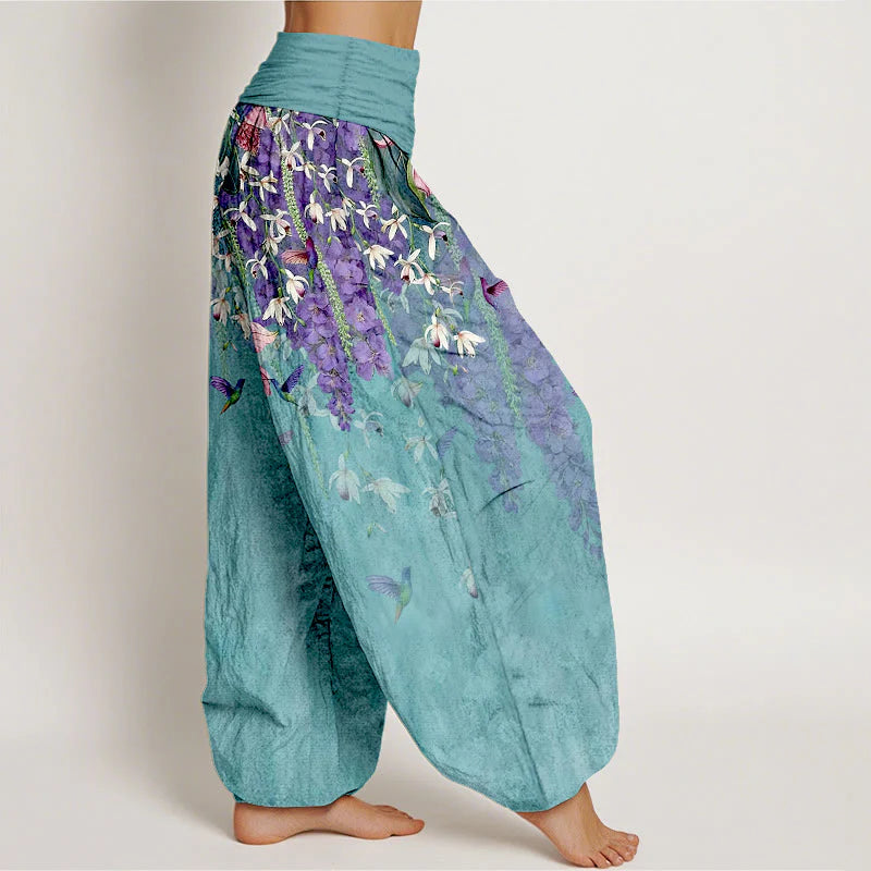 Buddha Stones Pure Cotton Orchid Birds Pattern Women's Elastic Waist Harem Pants