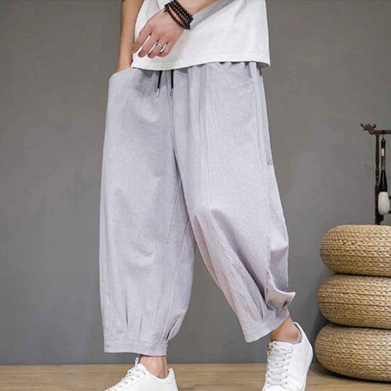 Buddha Stones Casual Plain Men's Cotton 7-8 Length Harem Pants With Pockets