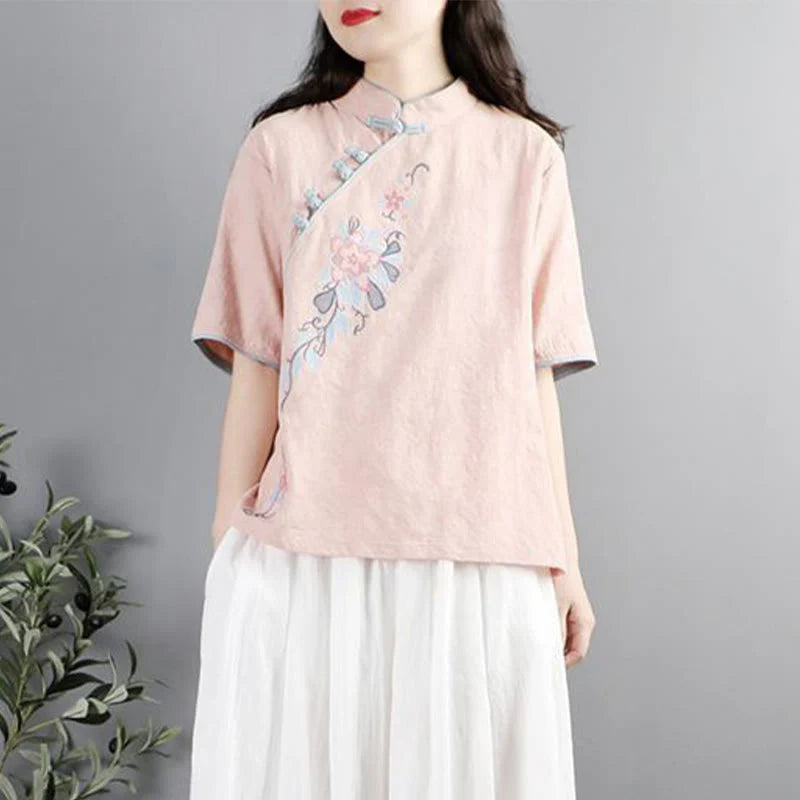 Buddha Stones Summer Flower Embroidery Half Sleeve Frog-Button Mandarin Collar Cotton Linen Women's Shirt