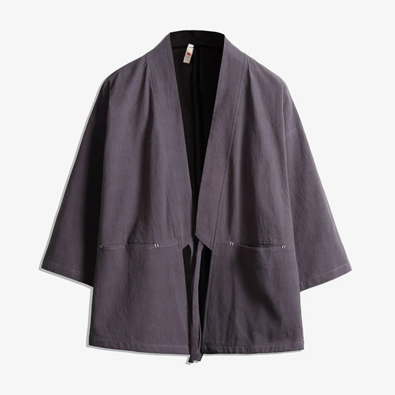Buddha Stones Solid Color Lace-up Three Quarter Sleeve Open Front Jacket Men's Kimono