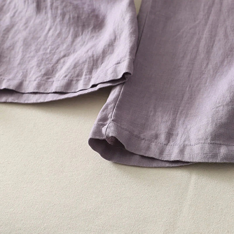 Buddha Stones Summer Daily Solid Color Elastic Waistband Design Women's Wide Leg Cotton Linen Pants With Pockets