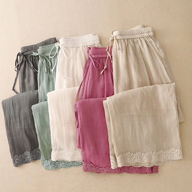 Buddha Stones Causal Vintage Plain Drawstring Lace Patchwork Design Women's Wide Leg Cotton Elastic Waistband Pants With Pockets