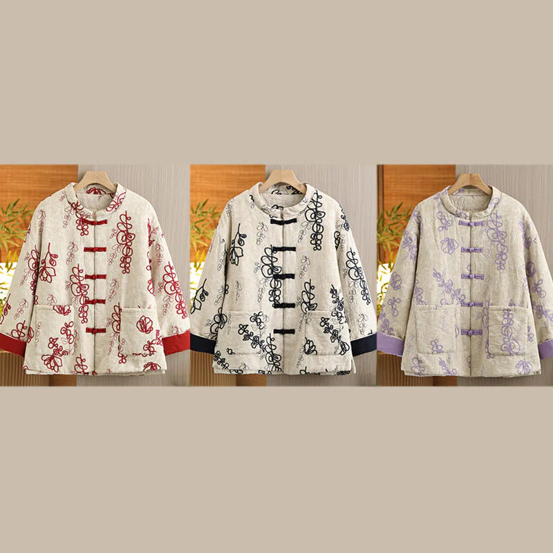 Buddha Stones Women's Winter Long Sleeve Stand Collar Frog-buttons Cotton-padded Jacket With Pockets