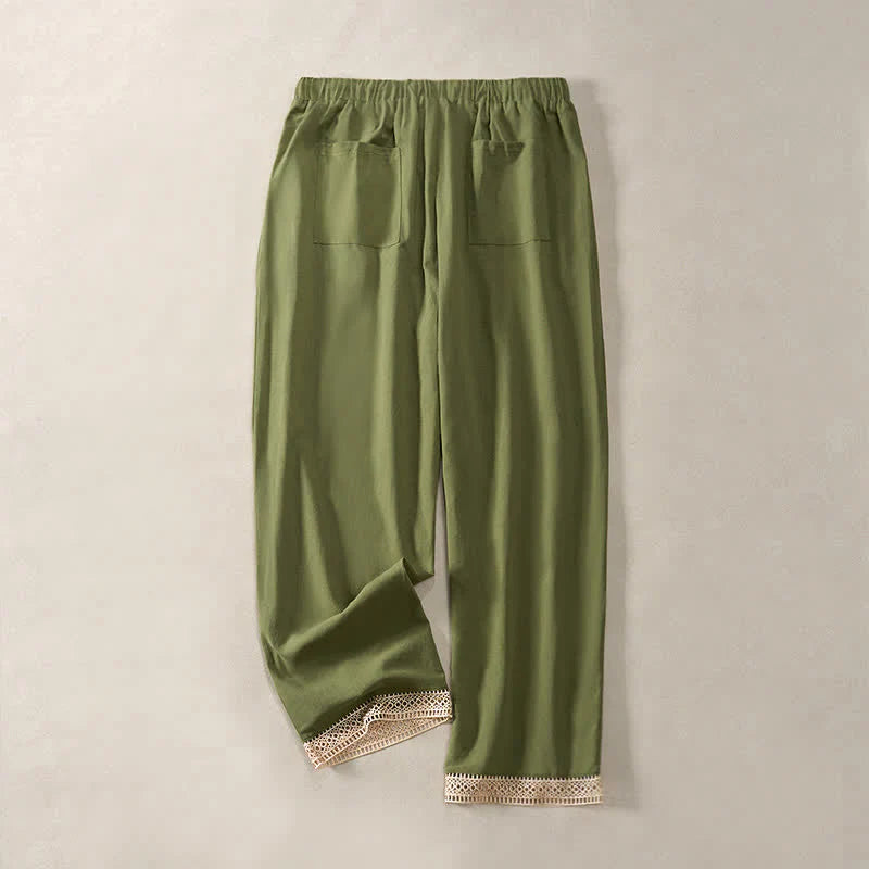 Buddha Stones Summer Lace-trimmed Hem Solid Color Women's Tapered Pants With Pockets