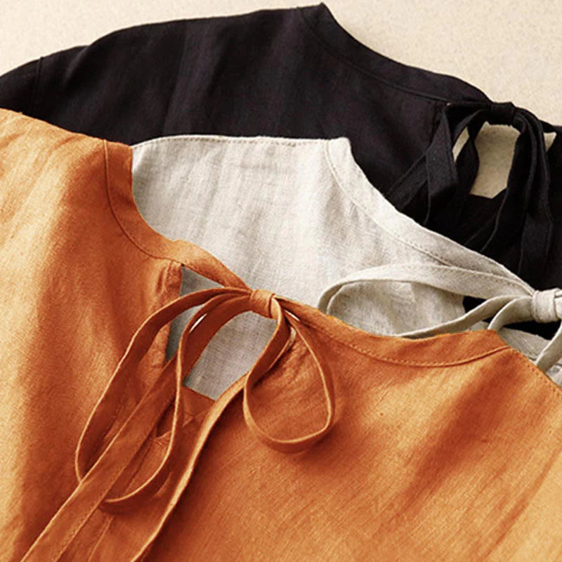 Buddha Stones Casual Short Sleeve Bowknot Tie Straps Women's Midi Dress With Pockets