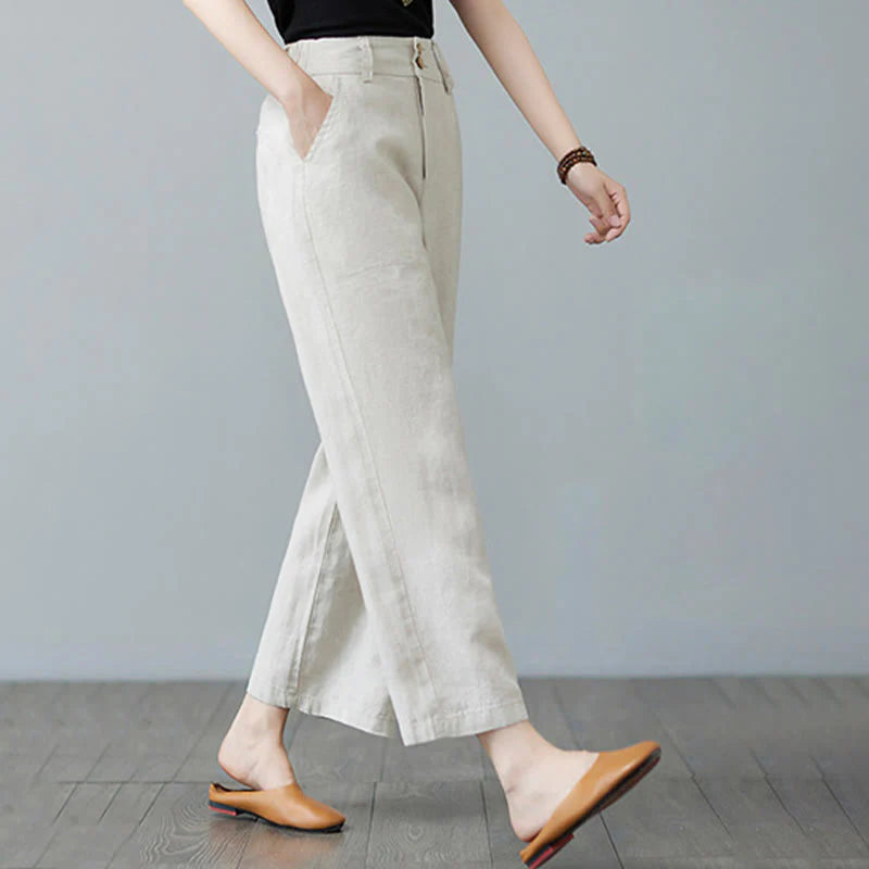 Buddha Stones Daily Solid Color Patchwork Simple Design Cotton Linen Women's Pants With Pockets