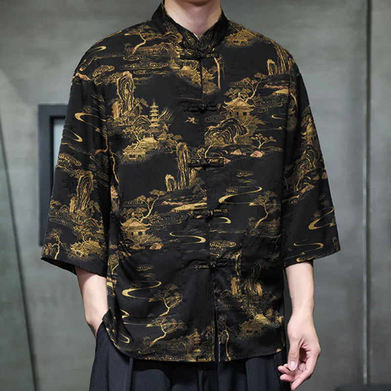 Buddha Stones Spring Frog-Button Dragon Mountain Flower Three Quarter Sleeve Tang Suit Men's Shirt With Pockets