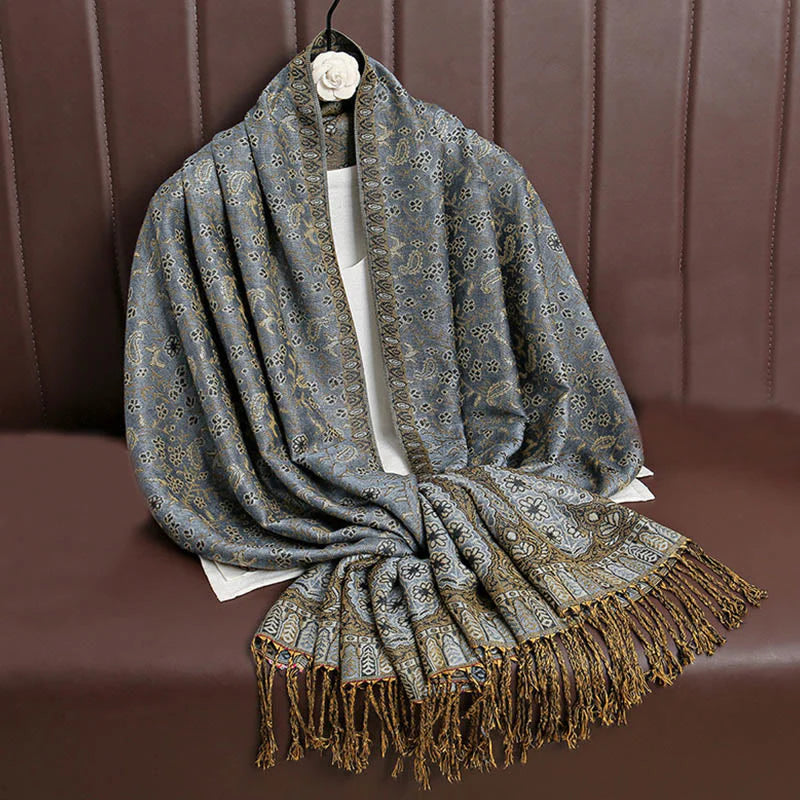 Buddha Stones Tibetan Jacquard Paisley Flower Pattern Color Contrast Design Tassel Cozy Scarf Shawl