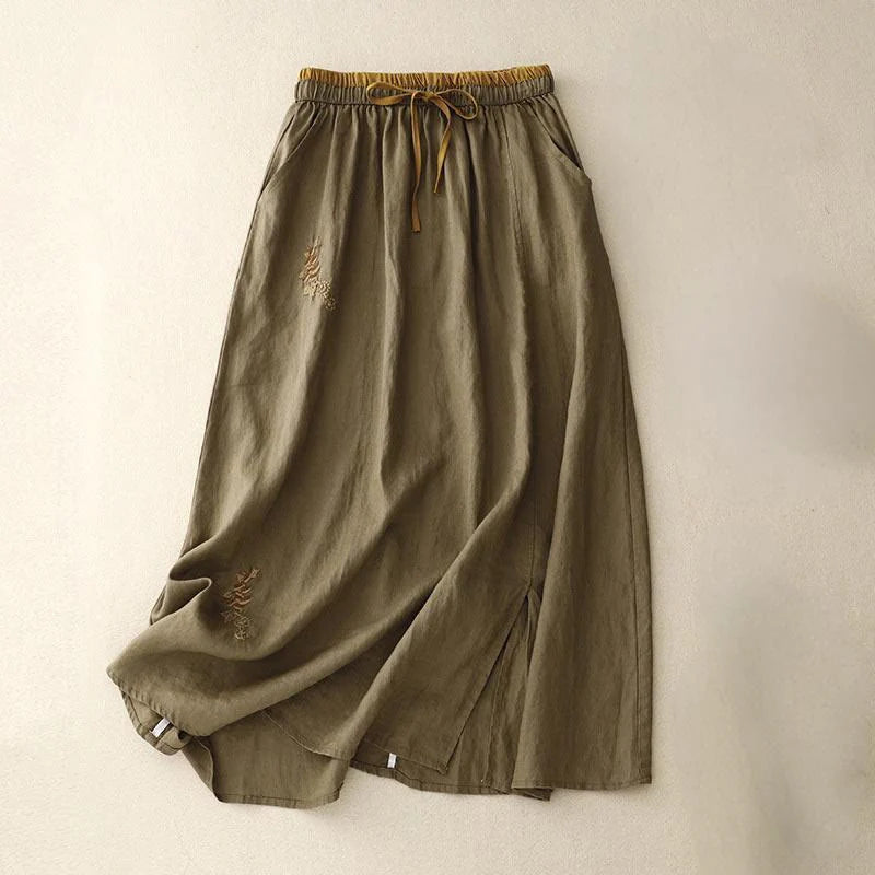 Buddha Stones Vintage Solid Embroidery Drawstring Women's Skirt With Pockets