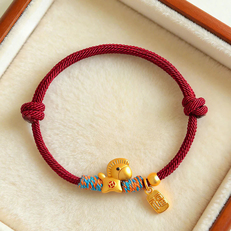 Buddha Stones 999 Sterling Silver Year of the Horse Fu Character Charm Braided String Faith Bracelet
