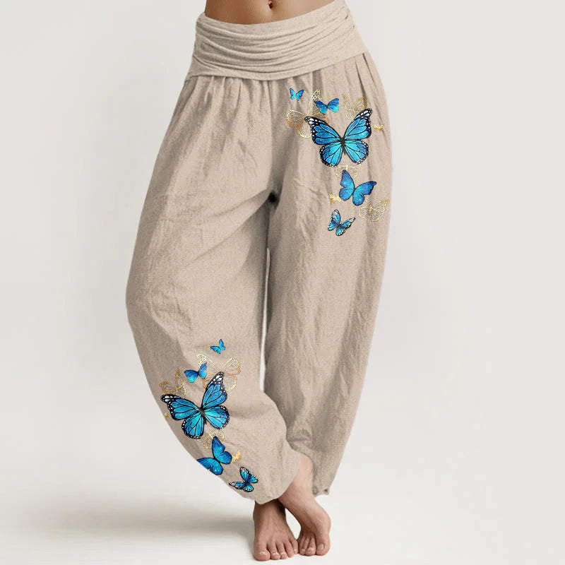 Buddha Stones Cotton Butterfly Pattern Women's Elastic Waist Harem Pants