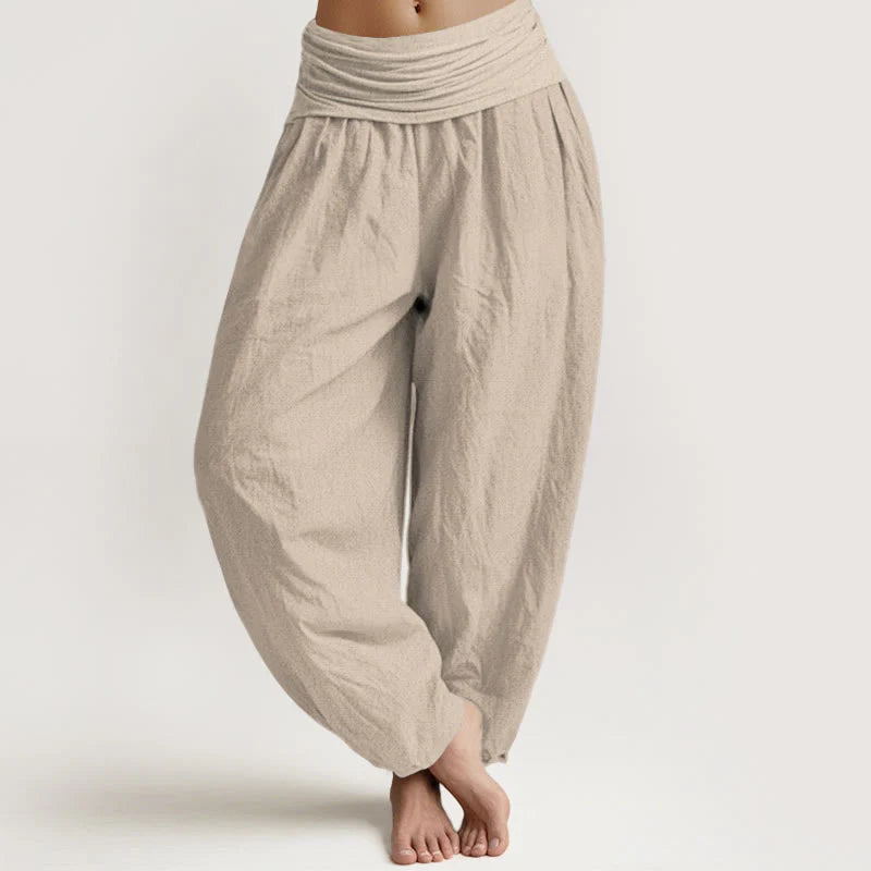 Buddha Stones Solid Tan Color Women's Elastic Waist Harem Pure Cotton Pants