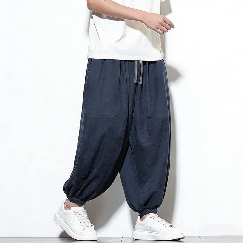 Buddha Stones Spring Solid Color Drawstring Cropped Men's Harem Cotton Pants With Pockets