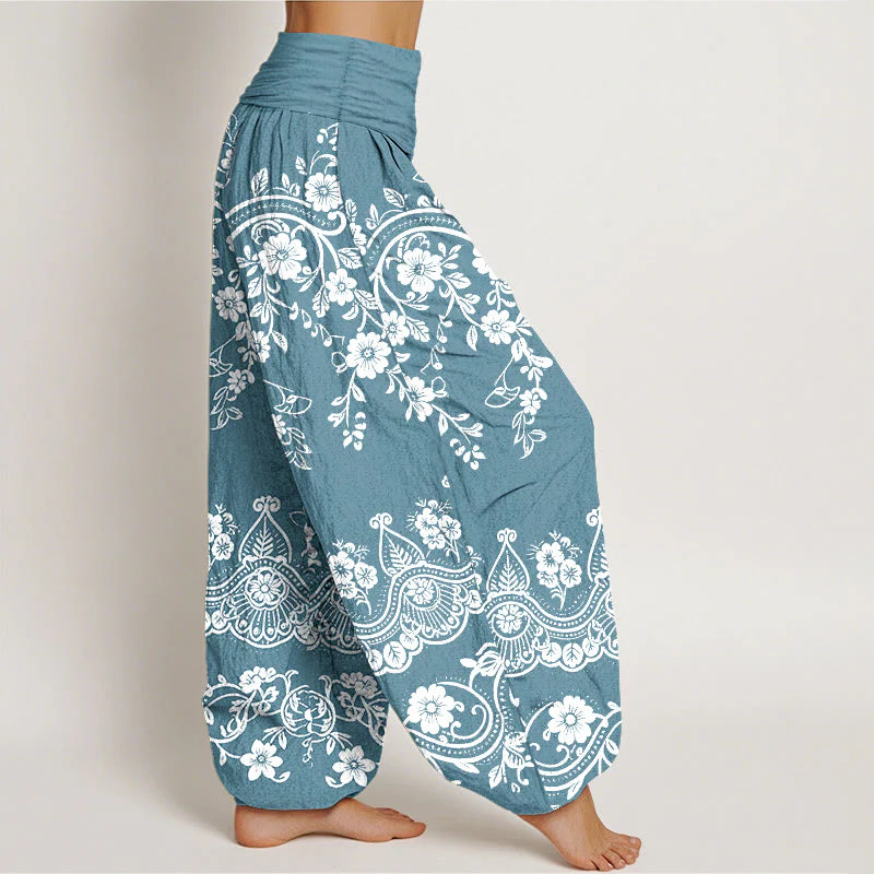 Buddha Stones Cotton Traditional Flower Vine Leaf Pattern Women's Elastic Waist Harem Pants
