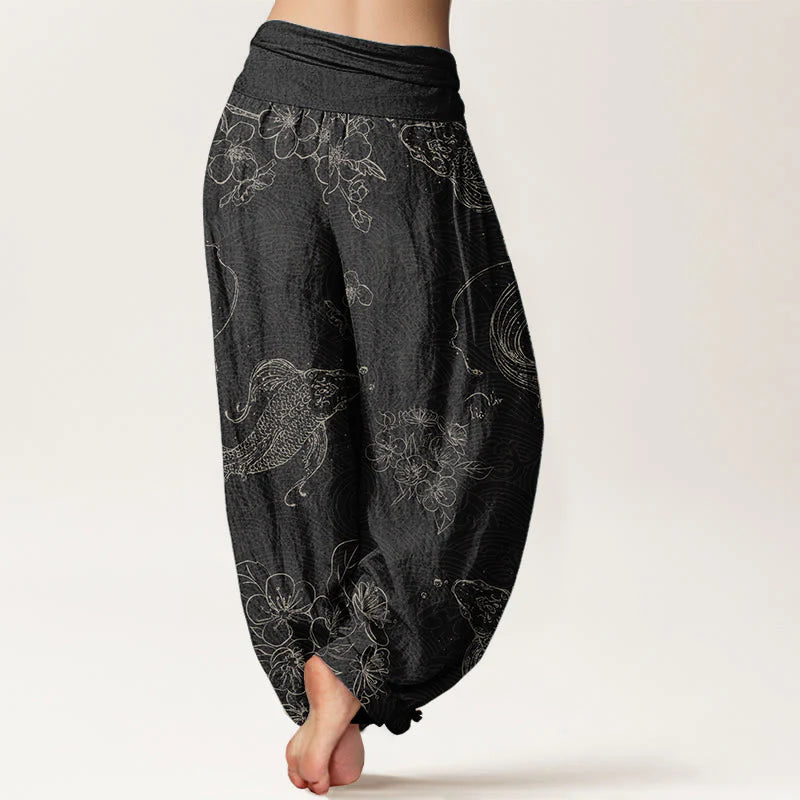 Buddha Stones Pure Cotton Koi Fish Floral Pattern Women's Elastic Waist Harem Pants