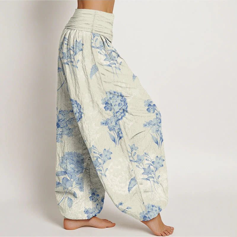 Buddha Stones Cotton Refresh Hydrangea Clustered Flowers Pattern Women's Elastic Waist Harem Pants