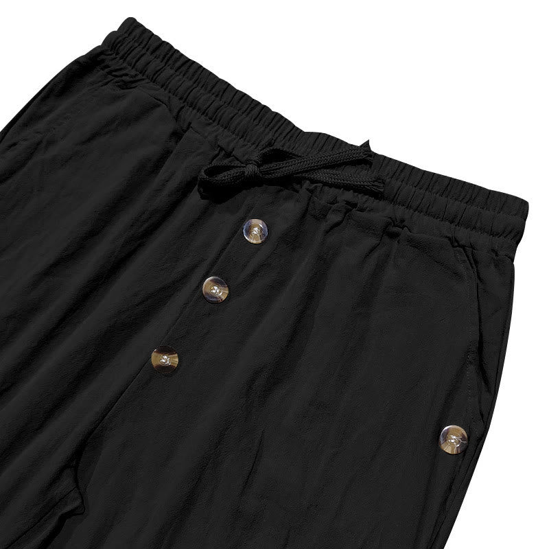 Buddha Stones Solid Color Buttons Drawstring Men's Cotton Pants With Pockets