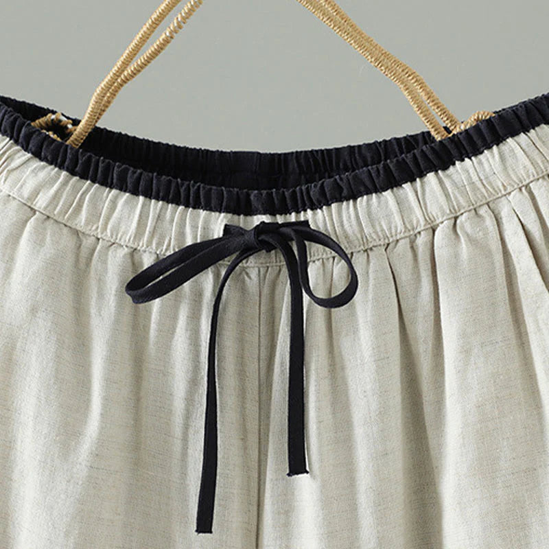 Buddha Stones Winter Contrasting Drawstring Cotton Linen Women's Wide Leg Pants With Pockets