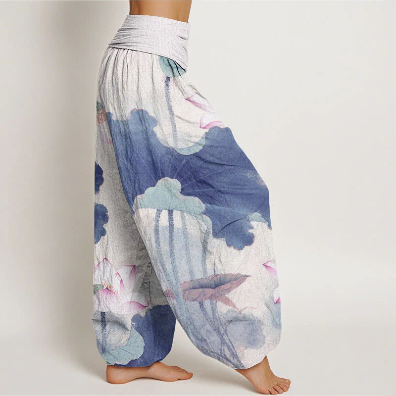 Buddha Stones Cotton Casual Lotus Petal Pods Pattern Women's Elastic Waist Harem Pants