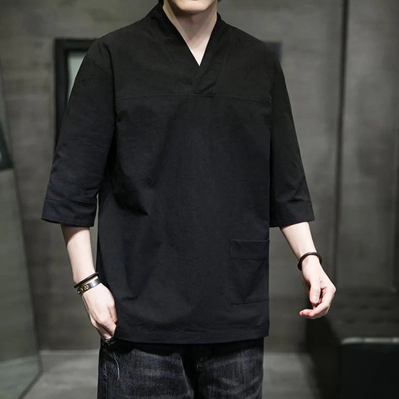 Buddha Stones Summer Casual Simple V-Neck Design Men's Cotton Linen Three Quarter Sleeve T-Shirt With Front Pocket